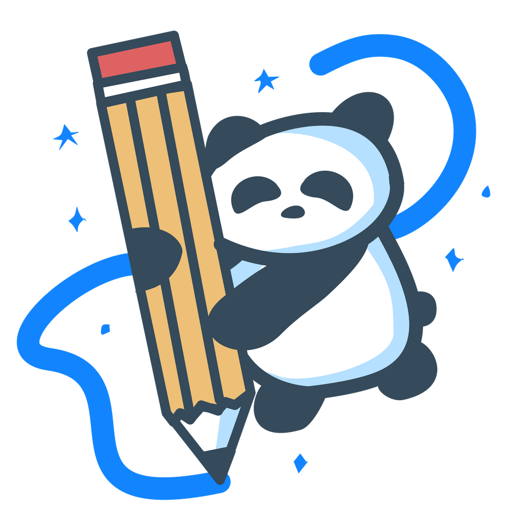 illustration of a panda with a big pencil, drawing.